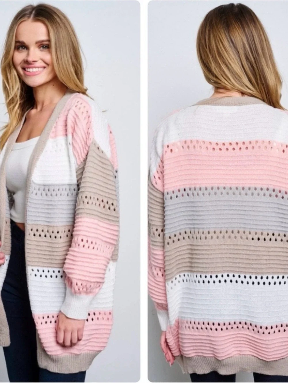 Tres Chic Boutique Open Front Knit Colorblock Cardigan New